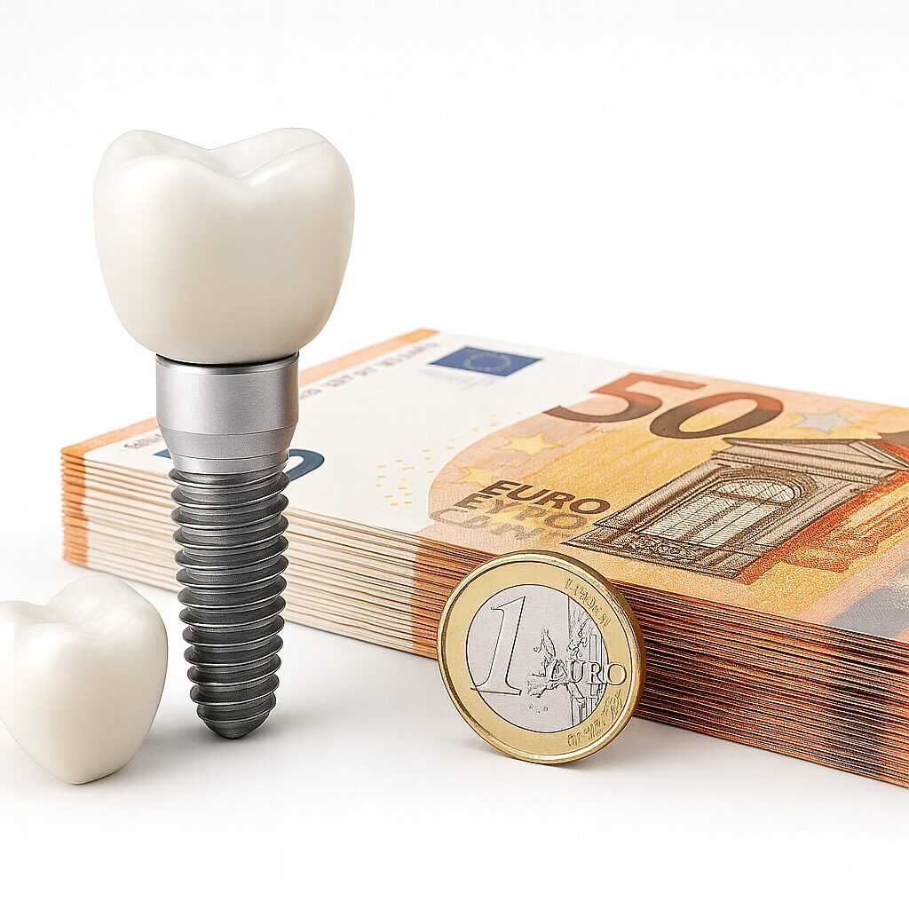 Dental implant and crown positioned beside neatly stacked 50-euro notes, representing the cost of dental implant treatment.