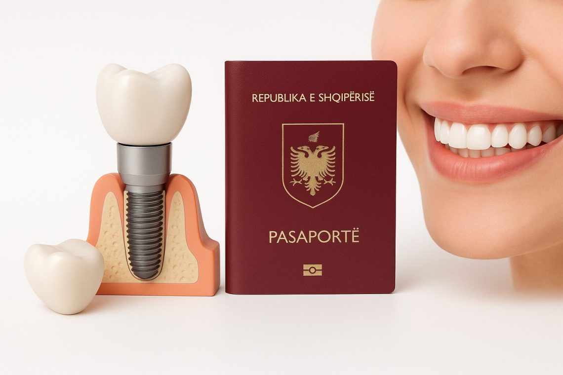 Dental implant components displayed next to an Albanian passport, symbolizing dental tourism for implant treatment in Albania.