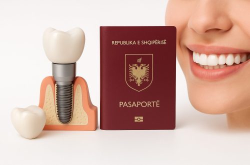 Dental implant components displayed next to an Albanian passport, symbolizing dental tourism for implant treatment in Albania.