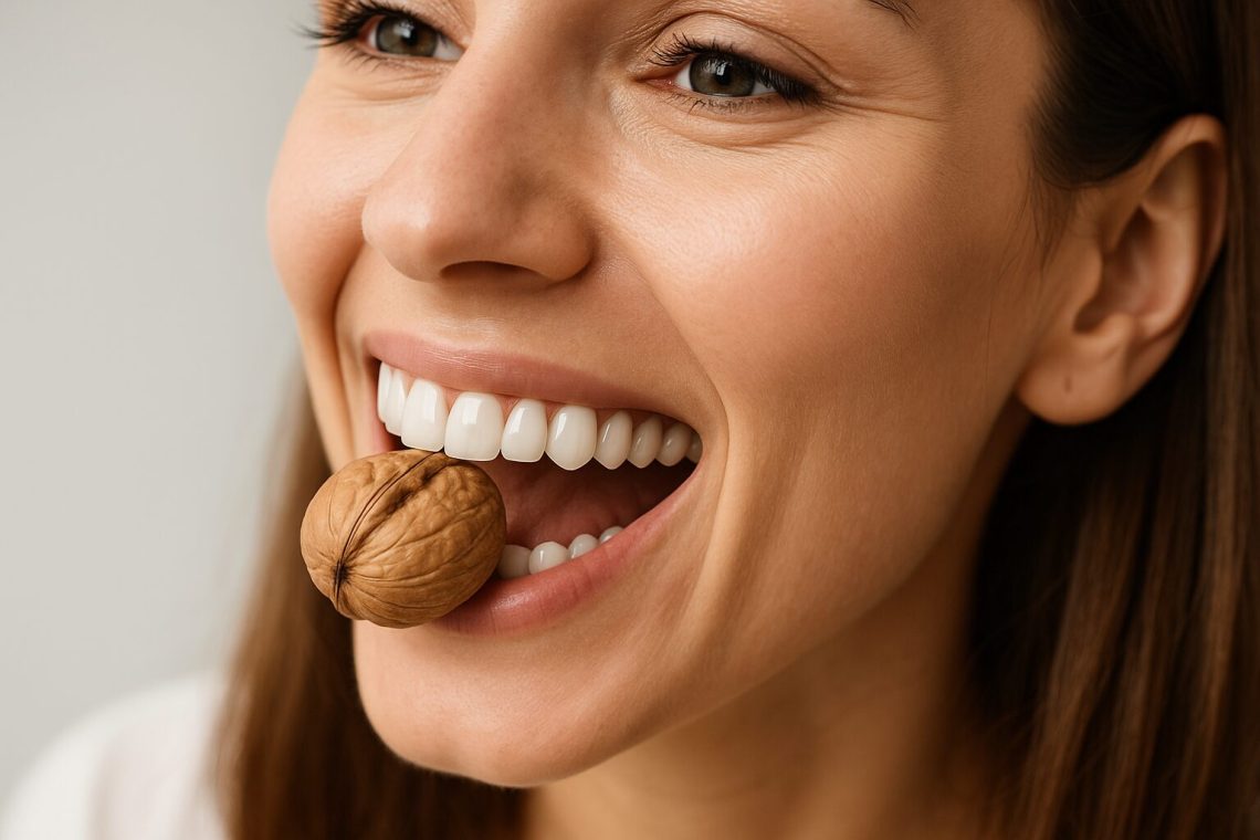 A woman with perfect white dental implants attempts to bite a whole walnut, showing strong teeth and healthy gums in a close-up smile.