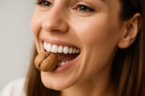 A woman with perfect white dental implants attempts to bite a whole walnut, showing strong teeth and healthy gums in a close-up smile.