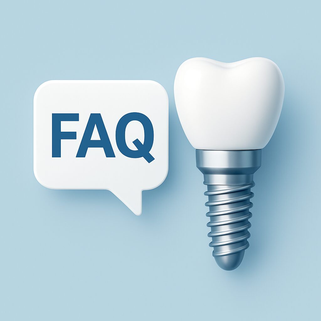 Minimalist FAQ icon next to a realistic dental implant on a clean light blue background.