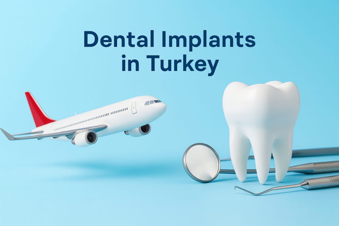 Airplane flying toward a large white tooth surrounded by dental tools and a toothbrush on a blue background, symbolizing dental tourism for implants in Turkey.