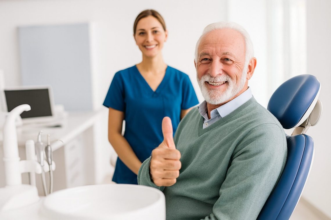 Older male dental patient smiling and giving a thumbs-up while sitting in a dental chair, with a female dental professional standing behind him in a bright, modern clinic.