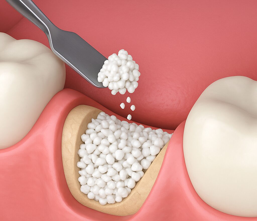 3D rendering of bone grafting procedure, showing a dental professional's tool adding white granular bone graft material into a missing tooth socket with insufficient jawbone volume. Illustrates horizontal and vertical bone augmentation