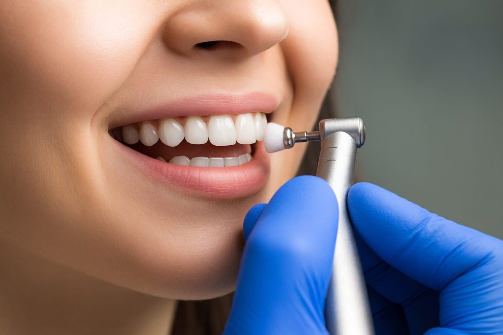 A close-up view of a debridement, dental professional polishing a patient’s teeth with a rotary cleaning tool during a routine dental hygiene procedure