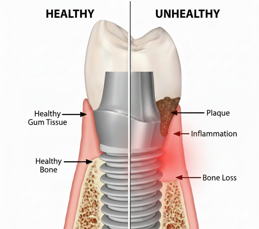 Comparative illustration showing a healthy dental implant with intact gum tissue and bone versus an unhealthy implant affected by plaque, inflammation, and bone loss indicative of peri-implantitis.
