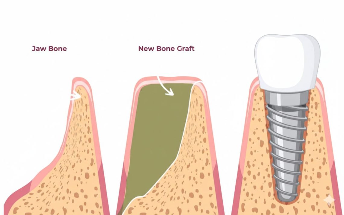 Sequential diagram illustrating bone grafting process for dental implants. Left shows jaw bone atrophy (resorption). Middle shows new bone graft material filling the defect during the healing process. Right shows a dental implant successfully placed into the newly regenerated bone