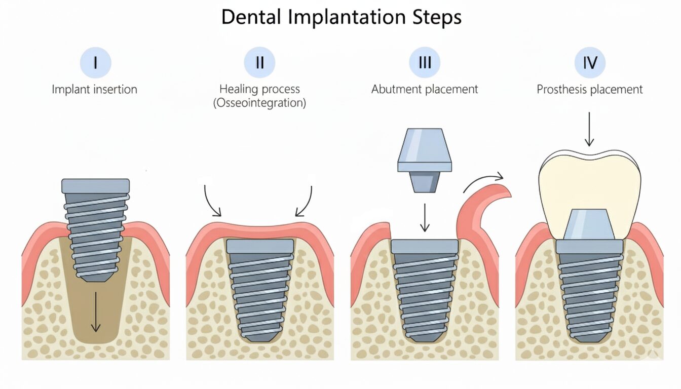Diagram illustrating the four key steps of dental implant placement. Step I: Implant insertion into the jawbone. Step II: Healing process (osseointegration) where bone grows around the implant. Step III: Abutment placement, connecting the implant to the future crown. Step IV: Prosthesis placement, showing the final crown on the abutment