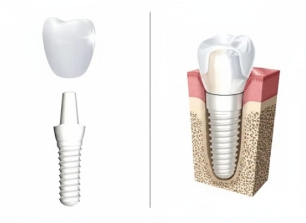 Highly aesthetic dental illustration showing a white, one-piece zirconia implant post integrated into the jawbone, with the crown emerging seamlessly from the pink gum tissue. This highlights the elimination of the metallic grey shadow effect common with titanium.