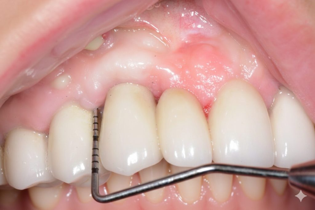 Realistic clinical close-up showing advanced peri-implantitis around a dental implant, including signs of gingival bleeding (BOP), plaque, and probing used for diagnosis confirmation