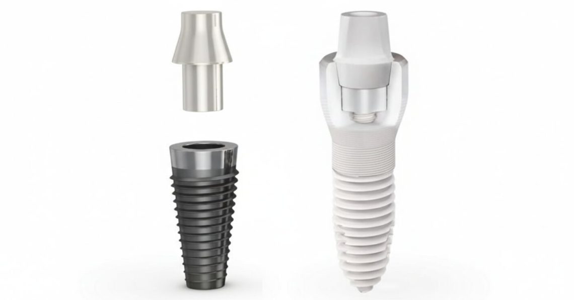 Comparative diagram showing the difference between a two-piece titanium implant (dark grey, modular) and a one-piece zirconia ceramic implant (white, monolithic) set against a white background