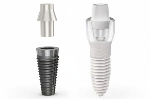 Comparative diagram showing the difference between a two-piece titanium implant (dark grey, modular) and a one-piece zirconia ceramic implant (white, monolithic) set against a white background